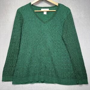 Pursuits Ltd Silk Blend Sweater 1X Green Metalic Knit Cozy Cottage Soft Classic